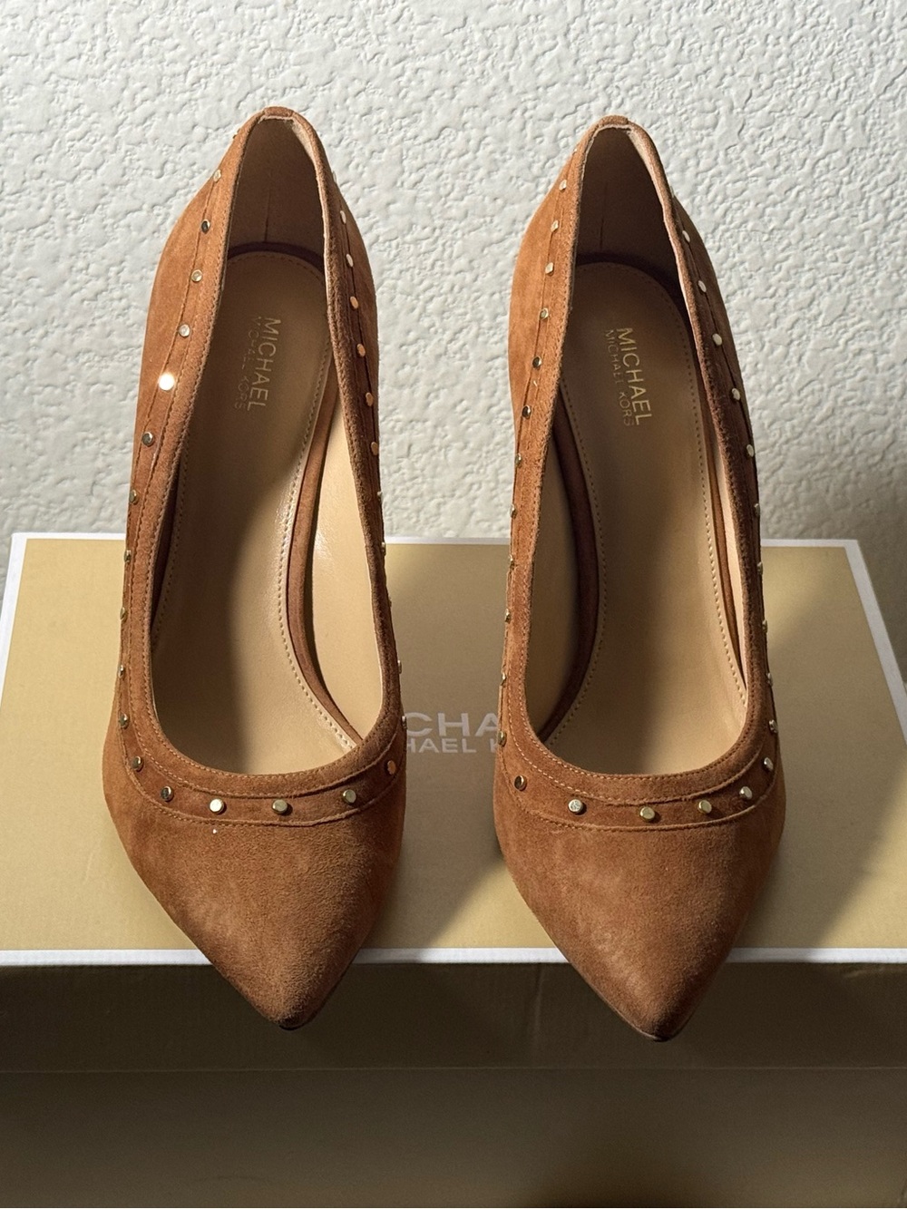 MICHAEL Michael Kors Cognac Suede Studded Pointed-Toe Pumps